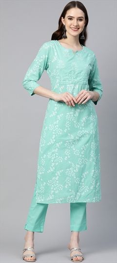 Party Wear Green color Salwar Kameez in Cotton fabric with Long Sleeve, Straight Printed, Sequence, Thread work : 1832896
