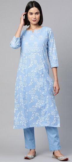 Party Wear Blue color Salwar Kameez in Cotton fabric with Long Sleeve, Straight Printed, Sequence, Thread work : 1832897