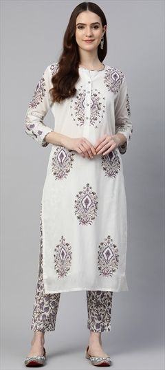 Party Wear White and Off White color Salwar Kameez in Cotton fabric with Long Sleeve, Straight Floral, Printed, Sequence work : 1832898