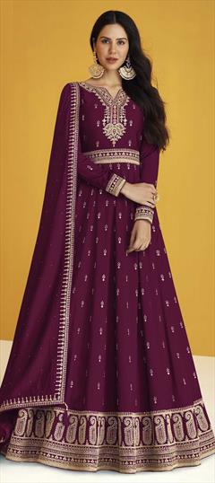 Bollywood, Festive, Party Wear Purple and Violet color Salwar Kameez in Faux Georgette fabric with Anarkali Embroidered, Resham, Sequence, Thread, Zari work : 1832928