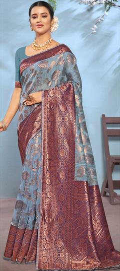 Summer, Traditional Blue color Saree in Cotton fabric with Bengali Weaving work : 1832930