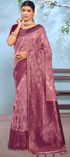Summer, Traditional Pink and Majenta color Saree in Cotton fabric with Bengali Weaving work : 1832932