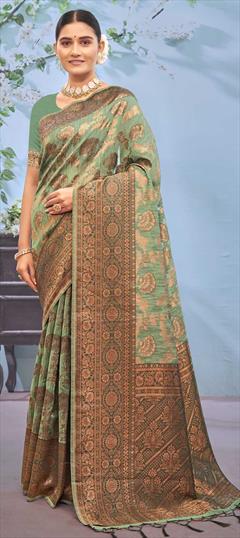 Summer, Traditional Green color Saree in Cotton fabric with Bengali Weaving work : 1832935