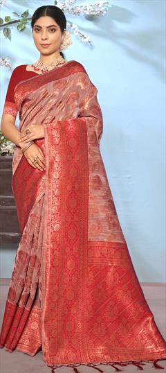 Summer, Traditional Red and Maroon color Saree in Cotton fabric with Bengali Weaving work : 1832938