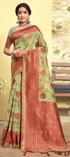 Summer, Traditional Green color Saree in Cotton fabric with Bengali Weaving work : 1832946