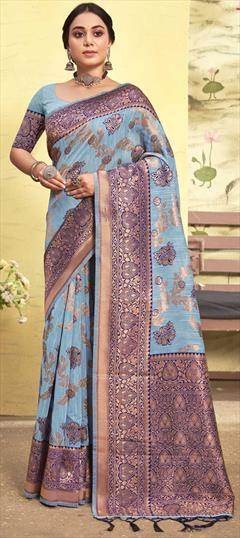 Summer, Traditional Blue color Saree in Cotton fabric with Bengali Weaving work : 1832951