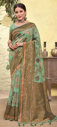 Summer, Traditional Green color Saree in Cotton fabric with Bengali Weaving work : 1832957