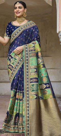 Bridal Blue color Saree in Silk fabric with Classic Gota Patti, Weaving, Zari work : 1832974