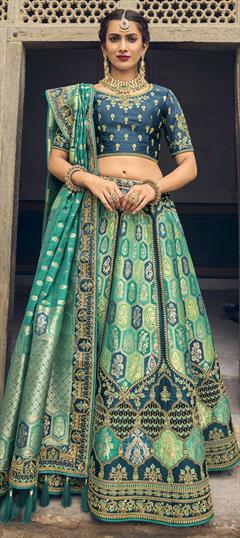 Bridal, Mehendi Sangeet, Reception, Wedding Blue color Lehenga in Silk fabric with Classic Gota Patti, Patch, Weaving, Zari work : 1832980