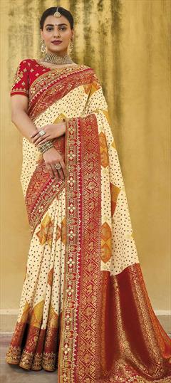 Bridal Red and Maroon, White and Off White color Saree in Silk fabric with Classic Gota Patti, Weaving, Zari work : 1833007