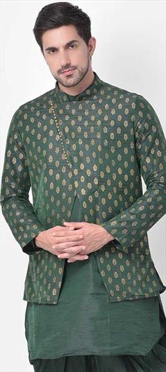 Green color Nehru Jacket in Dupion Silk fabric with Printed work : 1833009