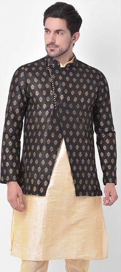 Black and Grey color Nehru Jacket in Dupion Silk fabric with Printed work : 1833017