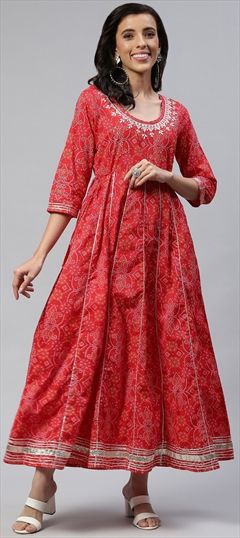 Festive, Party Wear Red and Maroon color Kurti in Cotton fabric with Anarkali, Long Sleeve Bandhej, Embroidered, Gota Patti, Printed, Thread, Zari work : 1833019