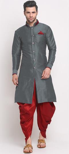 Black and Grey color Dhoti Kurta in Dupion Silk fabric with Thread work : 1833070