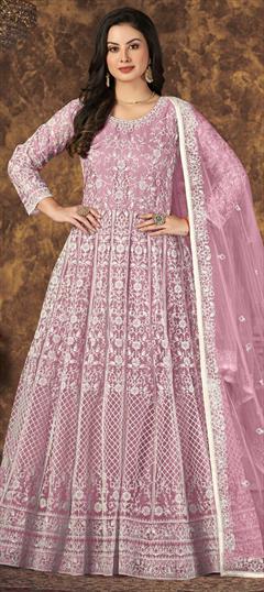 Designer, Festive, Party Wear Pink and Majenta color Salwar Kameez in Net fabric with Anarkali Embroidered work : 1833141