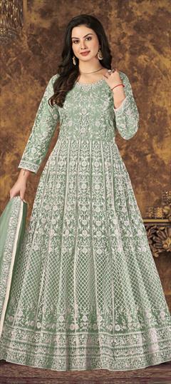 Designer, Festive, Party Wear Green color Salwar Kameez in Net fabric with Anarkali Embroidered work : 1833142