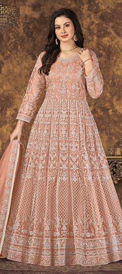 Designer, Festive, Party Wear Beige and Brown color Salwar Kameez in Net fabric with Anarkali Embroidered work : 1833144