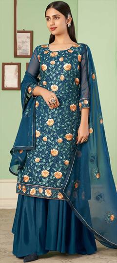 Festive, Party Wear Blue color Salwar Kameez in Georgette fabric with Palazzo, Straight Embroidered, Lace, Sequence, Thread work : 1833147