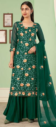 Festive, Party Wear Green color Salwar Kameez in Georgette fabric with Palazzo, Straight Embroidered, Lace, Sequence, Thread work : 1833150