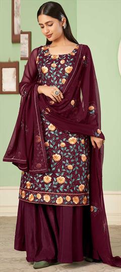 Festive, Party Wear Red and Maroon color Salwar Kameez in Georgette fabric with Palazzo, Straight Embroidered, Lace, Sequence, Thread work : 1833152