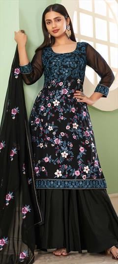 Festive, Party Wear Black and Grey color Salwar Kameez in Georgette fabric with Palazzo Embroidered, Lace, Sequence, Thread work : 1833155