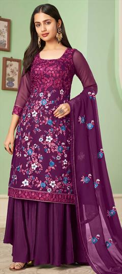 Festive, Party Wear Pink and Majenta color Salwar Kameez in Georgette fabric with Palazzo Embroidered, Lace, Sequence, Thread work : 1833156