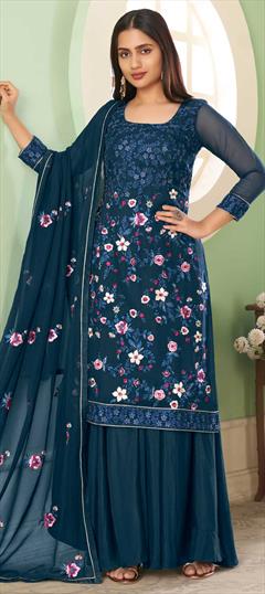 Festive, Party Wear Blue color Salwar Kameez in Georgette fabric with Palazzo Embroidered, Lace, Sequence, Thread work : 1833157