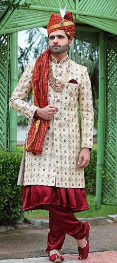 Beige and Brown color Sherwani in Art Silk fabric with Embroidered, Thread, Zari work : 1833187