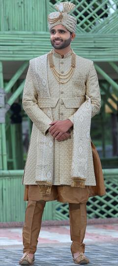 Beige and Brown color Sherwani in Art Silk fabric with Embroidered, Sequence, Thread work : 1833188