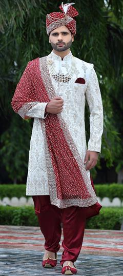 White and Off White color Sherwani in Art Silk fabric with Embroidered, Resham, Thread work : 1833191