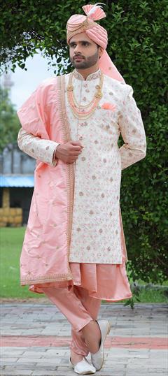 White and Off White color Sherwani in Art Silk fabric with Bugle Beads, Embroidered, Resham, Thread work : 1833192