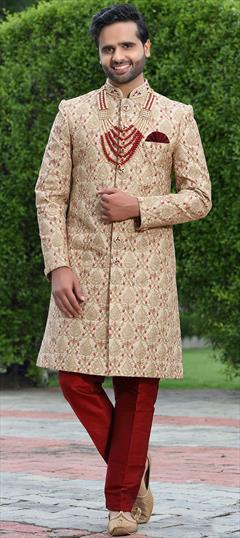 Beige and Brown color Sherwani in Art Silk fabric with Embroidered, Resham, Thread, Zari work : 1833204