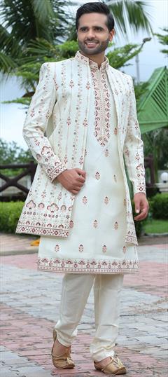 Beige and Brown color Sherwani in Art Silk fabric with Embroidered, Resham, Thread, Zari work : 1833270