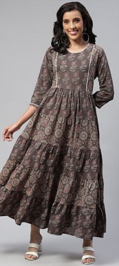 Casual Black and Grey color Kurti in Cotton fabric with Anarkali, Long Sleeve Floral, Lace, Printed work : 1833276