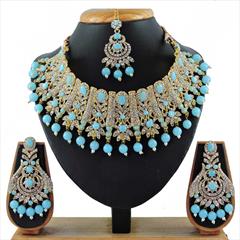Blue color Necklace in Metal Alloy studded with CZ Diamond, Pearl & Gold Rodium Polish : 1833388