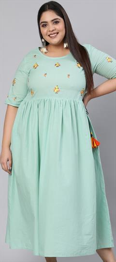 Casual Blue color Kurti in Cotton fabric with A Line, Elbow Sleeve Embroidered, Thread work : 1833390