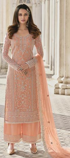 Party Wear, Reception, Wedding Pink and Majenta color Salwar Kameez in Net fabric with Pakistani Embroidered, Stone work : 1833458