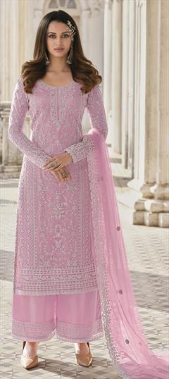 Party Wear, Reception, Wedding Pink and Majenta color Salwar Kameez in Net fabric with Pakistani Embroidered, Stone work : 1833459