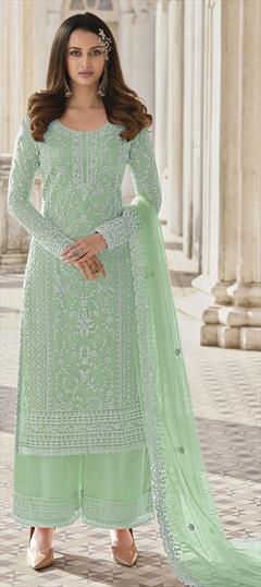 Party Wear, Reception, Wedding Green color Salwar Kameez in Net fabric with Pakistani Embroidered, Stone work : 1833463