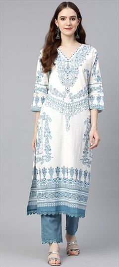 Casual Blue, White and Off White color Salwar Kameez in Cotton fabric with Straight Printed, Sequence work : 1833531