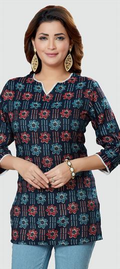 Casual Blue color Kurti in Rayon fabric with Long Sleeve, Straight Floral, Printed work : 1833551