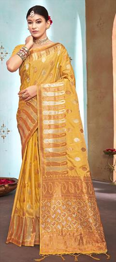 Traditional Yellow color Saree in Silk fabric with South Weaving work : 1833607