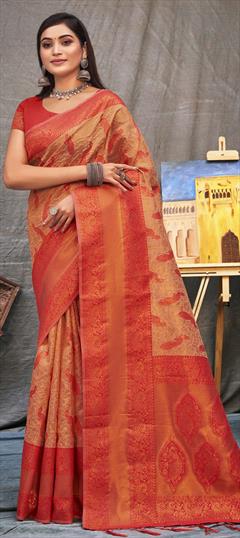 Traditional Orange color Saree in Organza Silk fabric with South Weaving work : 1833624