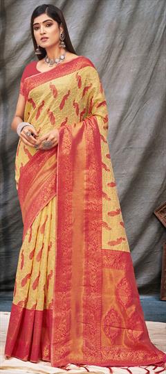 Traditional Yellow color Saree in Organza Silk fabric with South Weaving work : 1833627