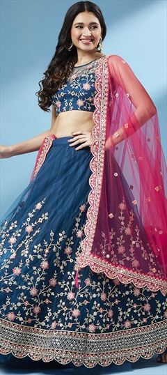 Engagement, Reception, Wedding Blue color Lehenga in Net fabric with A Line Embroidered work : 1833763