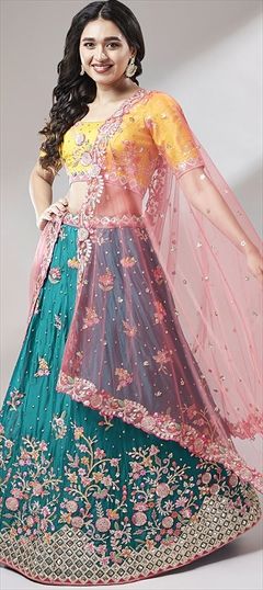 Engagement, Reception, Wedding Blue color Lehenga in Georgette fabric with A Line Thread work : 1833769
