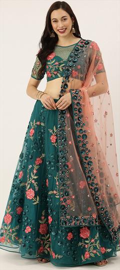 Engagement, Reception, Wedding Blue color Lehenga in Net fabric with A Line Embroidered work : 1833770