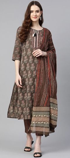 Festive, Party Wear Beige and Brown color Salwar Kameez in Cotton fabric with Straight Floral, Printed, Sequence, Thread work : 1833774