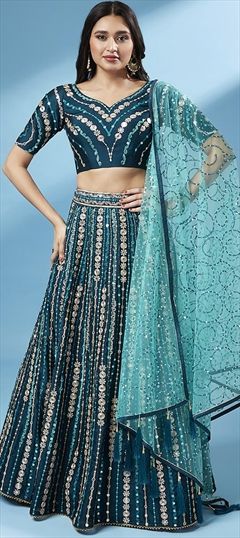 Engagement, Reception, Wedding Blue color Lehenga in Georgette fabric with A Line Thread work : 1833778