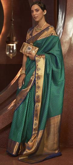 Festive, Traditional Green color Saree in Silk fabric with South Weaving work : 1833806